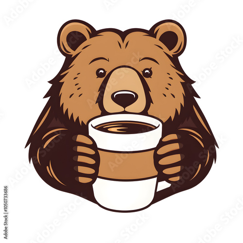 Bear with cup of coffee logo design vector illustration on white background. Generative AI photo