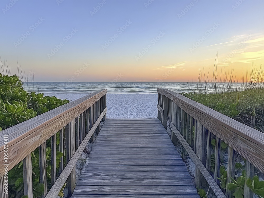 Fototapeta premium Wooden Walkway Leading to a Tranquil Sunset Beach