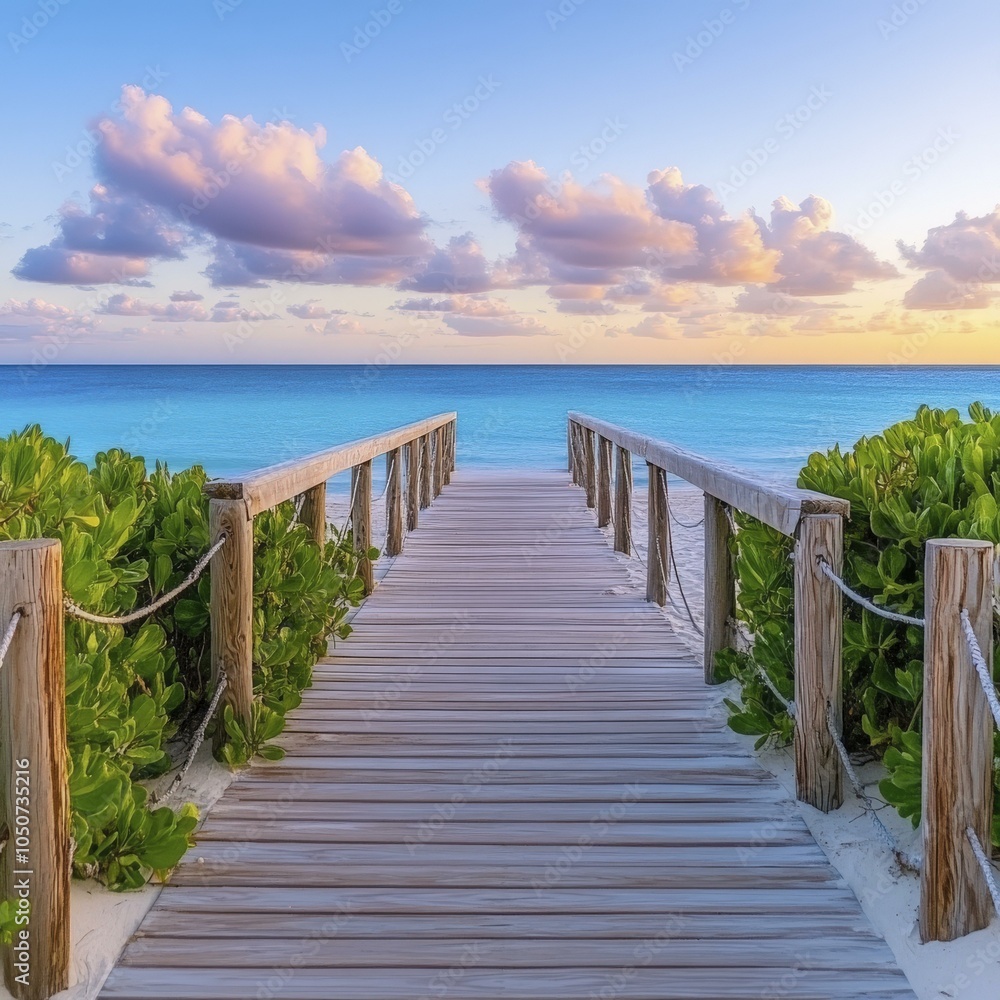 Stunning Beach Boardwalk Leading to the Ocean at Sunset Stunning Beach Boardwalk Leading to the Ocean at Sunset