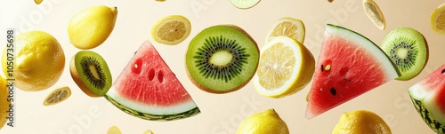 Slices of watermelon, kiwi, lemons, and limes are falling into the