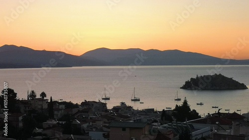 Tolo, Greece. Sunrise and beautyful view from hotel room. photo