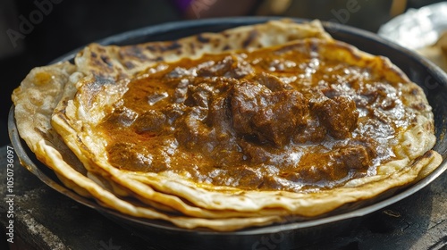 A close-up of freshly made parotta bread served with spicy beef curry, from a street vendor in Kerala, India.