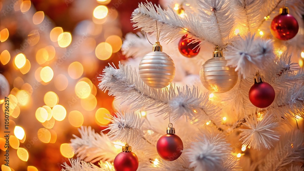 Obraz premium White Christmas Tree with Red Defocused Lights in Macro Photography for Festive Backgrounds