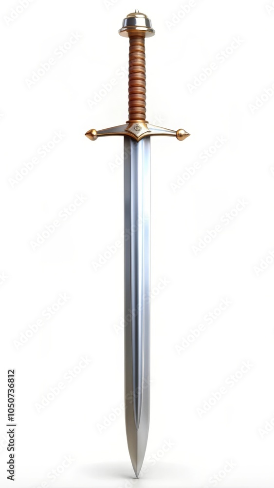 Detailed 3d rendering of a medieval sword standing tall on a white background, symbolizing authority and justice Detailed 3d rendering of a medieval sword standing tall on a white background, symbolizing authority and justice