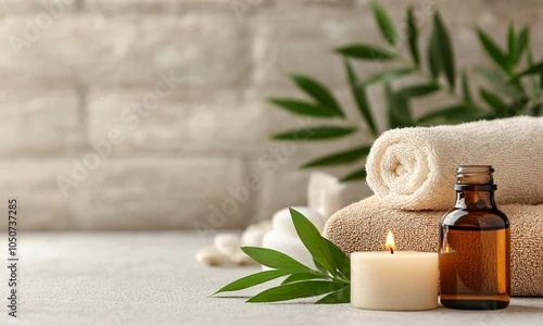 A serene spa setting with towels, a candle, and essential oils, promoting relaxation and wellness.