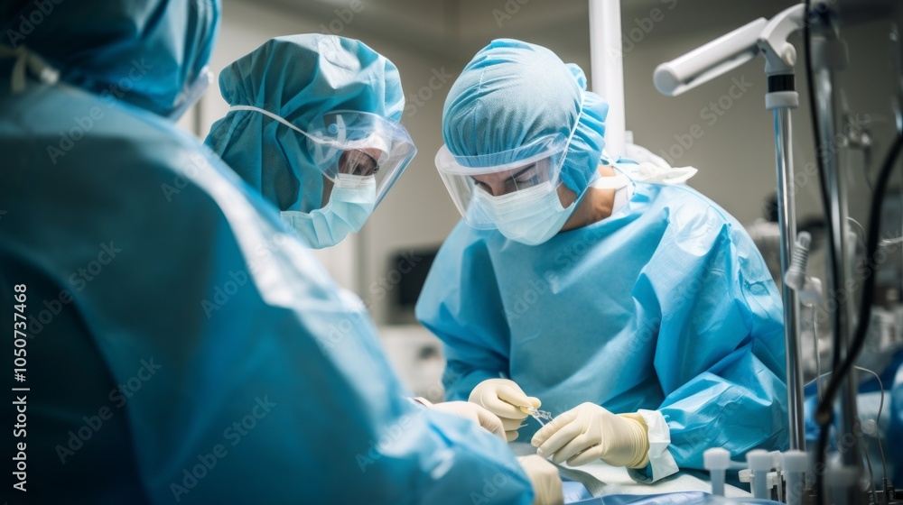 A team of surgeons in an operating room, focused on performing a procedure, dressed in full medical attire with masks, gloves, and protective eyewear A team of surgeons in an operating room, focused on performing a procedure, dressed in full medical attire with masks, gloves, and protective eyewear