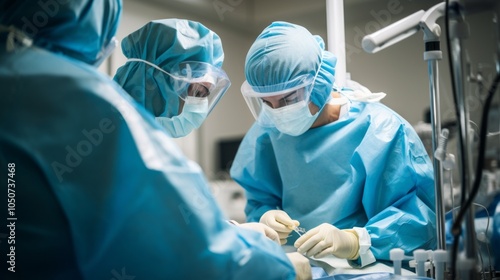 A team of surgeons in an operating room, focused on performing a procedure, dressed in full medical attire with masks, gloves, and protective eyewear