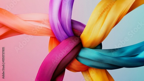 A conceptual image of colorful ribbons intertwining into a unified knot against a gradient backdrop, Embodying unity in diversity, photography style