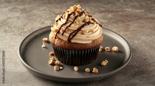 Peanut butter cupcake with peanut buttercream frosting, isolated on a gray ceramic plate, topped with chopped peanuts and a drizzle of chocolate syrup