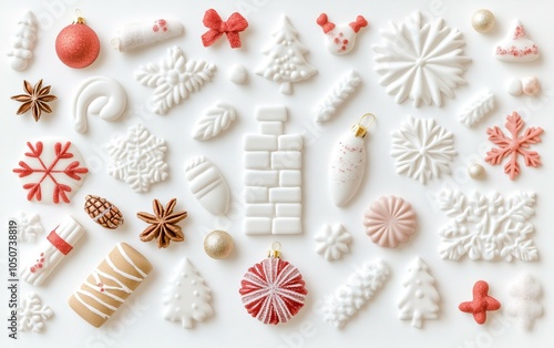 Various Christmas decorations on a white background, including ornaments, tinsel, and a small wreath.