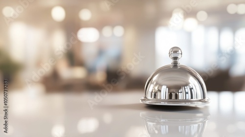 A shiny service bell on a countertop, symbolizing hospitality and service.