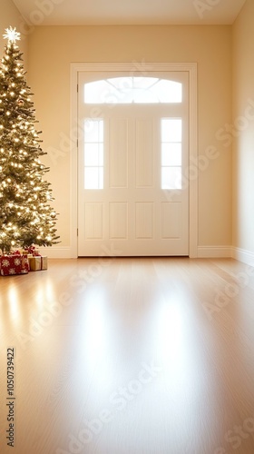 Decorated Christmas tree in a cozy room with a closed white door and soft ambient lighting.