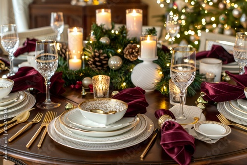 Elegant Christmas dinner table with lit candles, festive decorations, and neatly arranged plates. photo