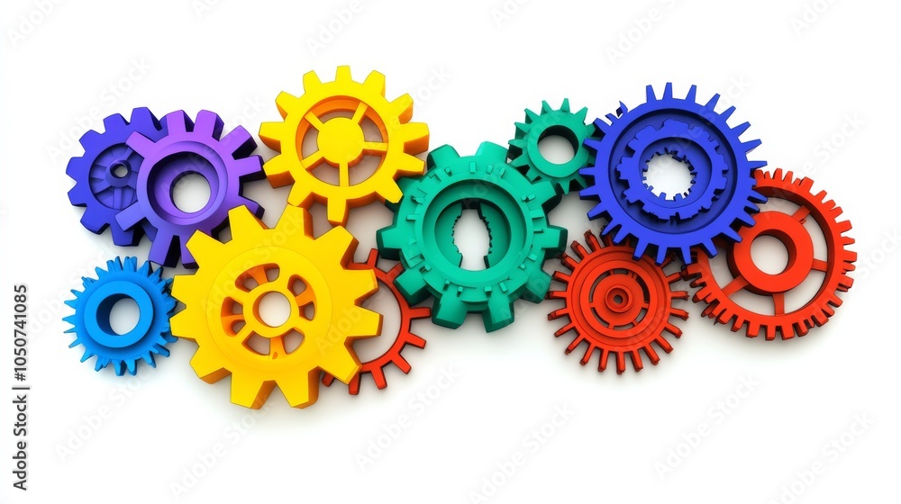 A conceptual image of diverse gears interlocking in vibrant colors against a seamless white backdrop, Reflecting collaboration and diversity, photography style A conceptual image of diverse gears interlocking in vibrant colors against a seamless white backdrop, Reflecting collaboration and diversity, photography style