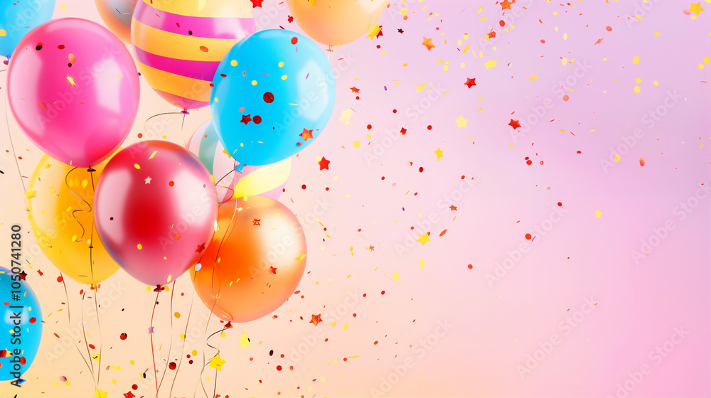 Balloons celebration with colorful party balloons and confetti in vibrant background Balloons celebration with colorful party balloons and confetti in vibrant background
