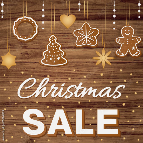Christmas sale banner with cute gingerbread cookies. Seasonal winter design. Vector illustration. 