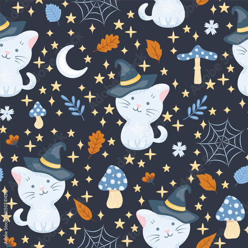 Seamless pattern Halloween theme. Cute spooky cat with witch hat and amanita mushrooms. Vector illustration.