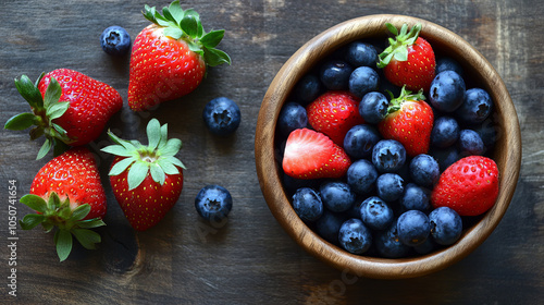 An acai bowl topped with fresh blueberries and strawberries.