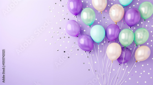 Balloons in pastel colors with confetti on a purple background for festive occasions