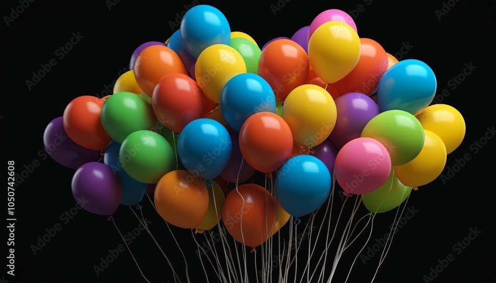 A whimsical display of colorful polymer clay balloons on a black backdrop, celebrating joy and festivity in a playful manner, Generative AI A whimsical display of colorful polymer clay balloons on a black backdrop, celebrating joy and festivity in a playful manner, Generative AI