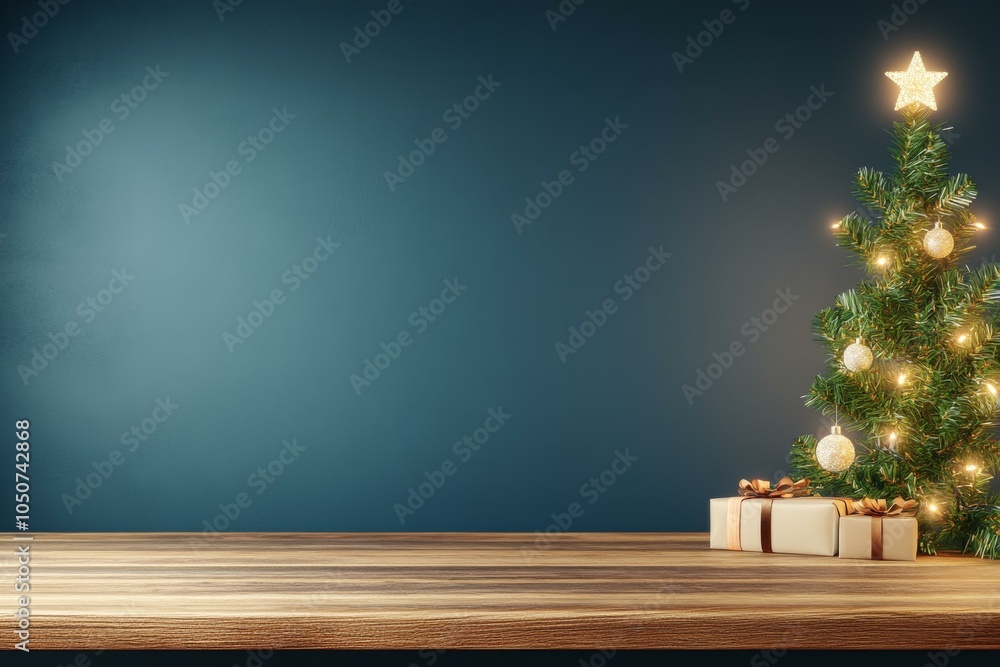 A decorated Christmas tree with wrapped presents on a rustic wooden table in a cozy holiday setting. A decorated Christmas tree with wrapped presents on a rustic wooden table in a cozy holiday setting.