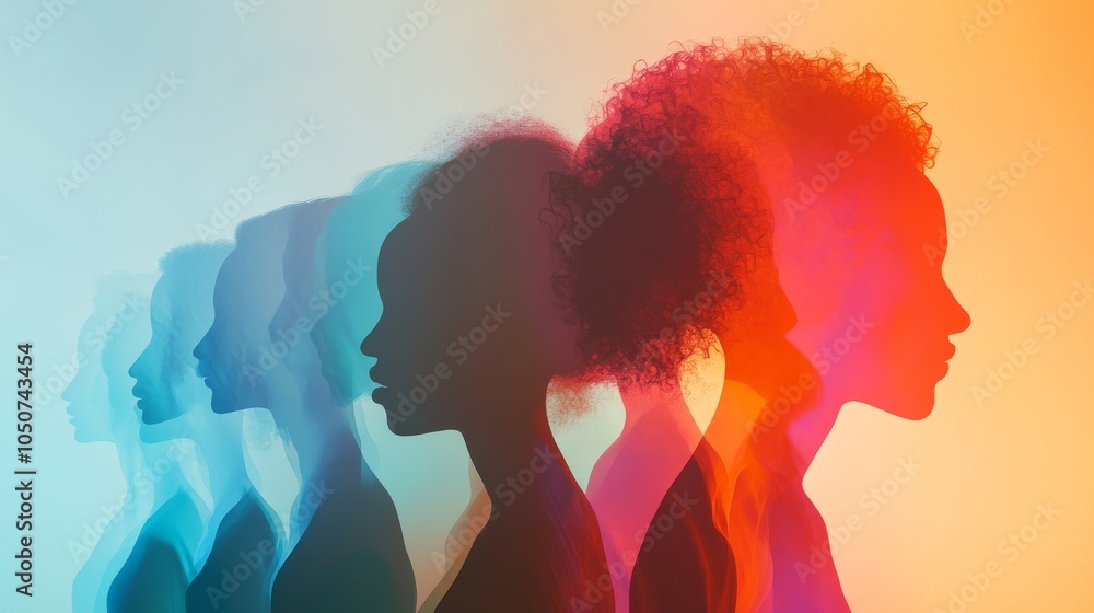 A conceptual image of diverse human silhouettes merging into one another against a gradient background, Illustrating unity in diversity, photography style A conceptual image of diverse human silhouettes merging into one another against a gradient background, Illustrating unity in diversity, photography style