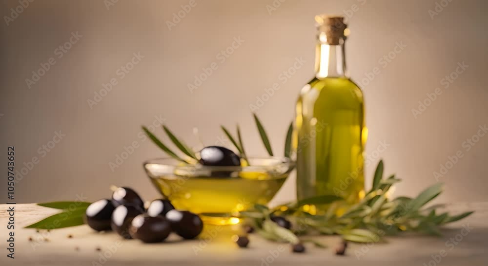 A bottle of olive oil next to a bowl filled with olives and some scattered herbs 4K A bottle of olive oil next to a bowl filled with olives and some scattered herbs 4K