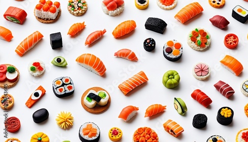 A whimsical collection of colorful polymer clay food items, like sushi and pizza, arranged on a white background, inviting culinary creativity, Generative AI photo