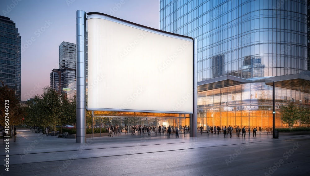 Empty Vertical Blank Billboard Located in Front of a Glass Building with Modern Architecture Empty Vertical Blank Billboard Located in Front of a Glass Building with Modern Architecture