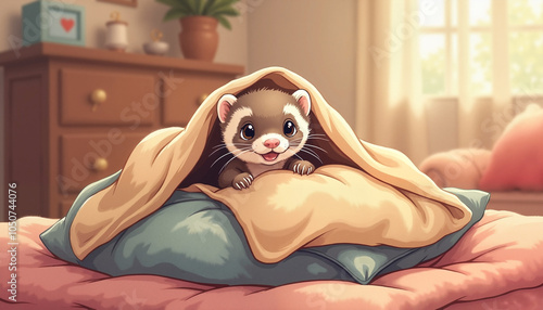Adorable ferret peeking out from under colorful pillows with a playful expression in a cozy room