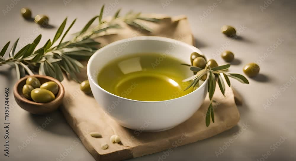 A bottle of olive oil next to a bowl filled with olives and some scattered herbs 4K A bottle of olive oil next to a bowl filled with olives and some scattered herbs 4K