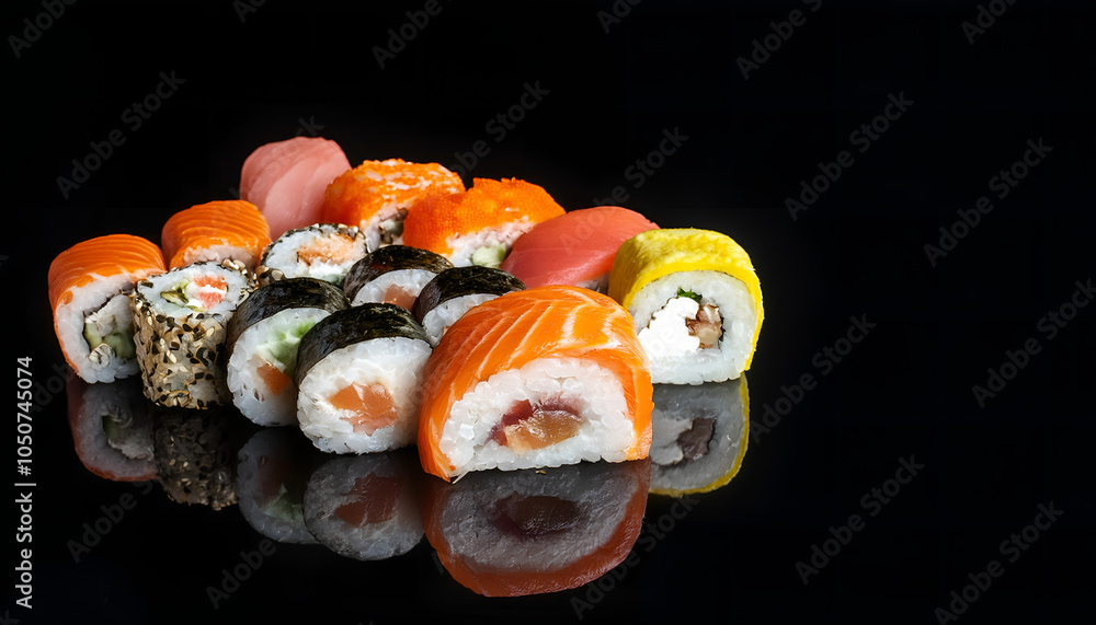 A vibrant assortment of sushi rolls arranged on a sleek black surface. Showcases diverse ingredients and textures, ideal for gourmet and culinary themes. A vibrant assortment of sushi rolls arranged on a sleek black surface. Showcases diverse ingredients and textures, ideal for gourmet and culinary themes.