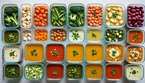 A delightful assortment of vegetable soups in clear containers, emphasizing healthy meal prep for the colder months, Generative AI