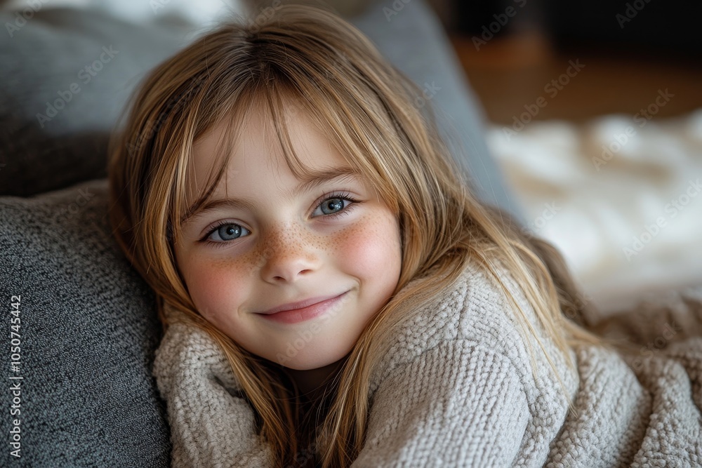 Young girl smiling brightly, lying on couch in family home, Generative AI Young girl smiling brightly, lying on couch in family home, Generative AI