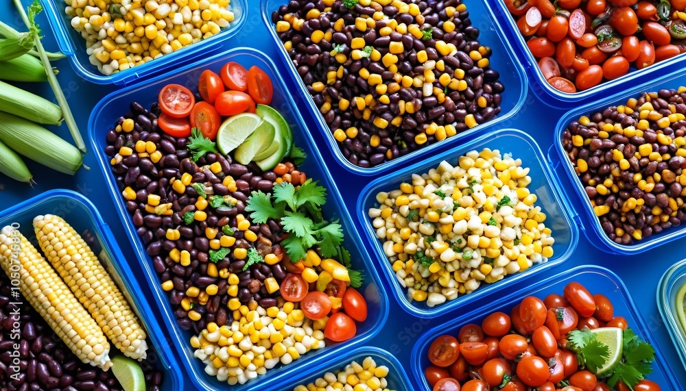A wholesome setup of black bean and corn salad in meal prep containers, highlighting plant-based protein sources, Generative AI A wholesome setup of black bean and corn salad in meal prep containers, highlighting plant-based protein sources, Generative AI
