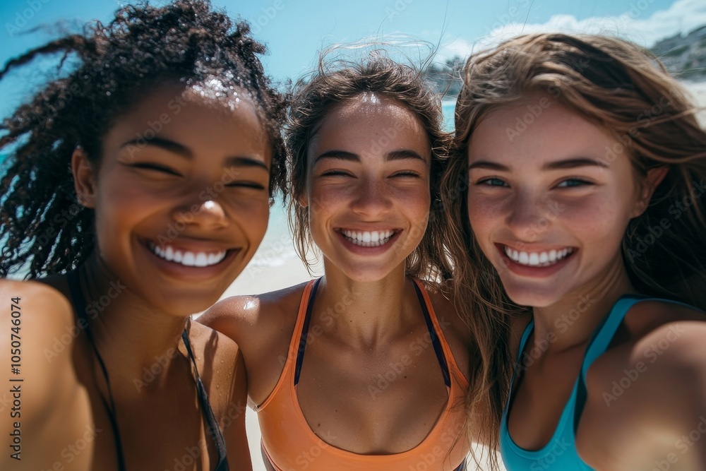 Friends taking a selfie in sportswear, celebrating a successful beach workout, Generative AI Friends taking a selfie in sportswear, celebrating a successful beach workout, Generative AI