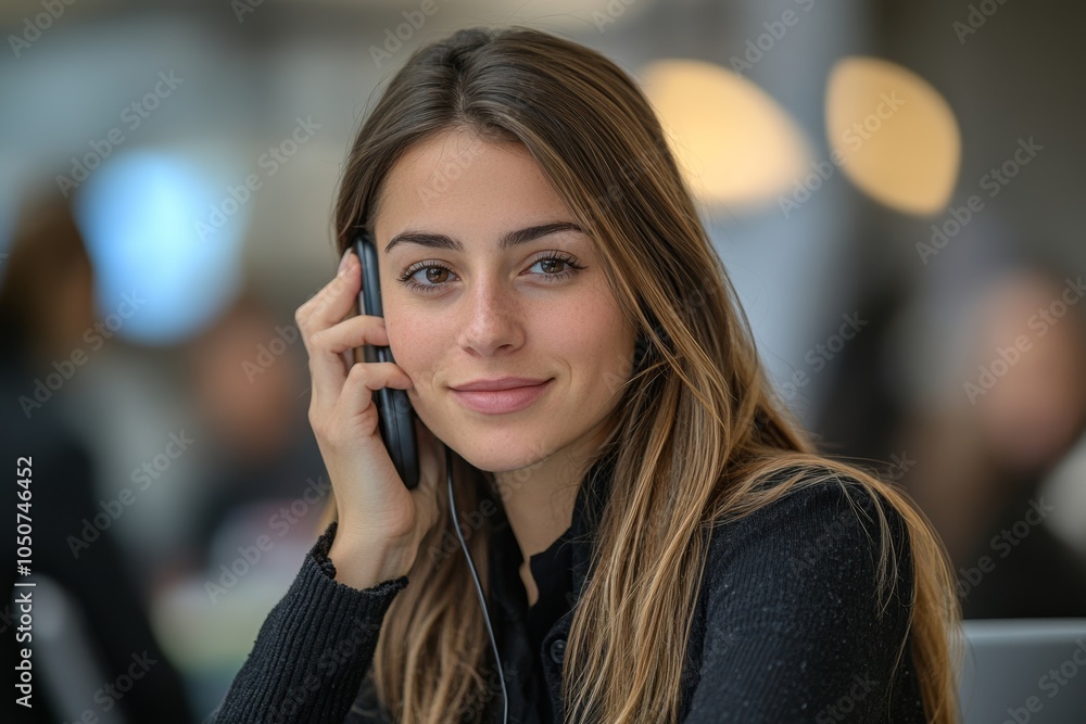 Female business professional taking a phone call in an office, Generative AI Female business professional taking a phone call in an office, Generative AI
