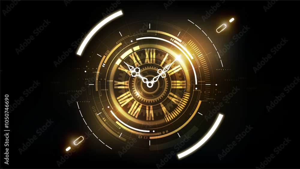 Golden Abstract Futuristic Technology Background with Clock concept and Time Machine, Can rotate clock hands, vector illustration Golden Abstract Futuristic Technology Background with Clock concept and Time Machine, Can rotate clock hands, vector illustration