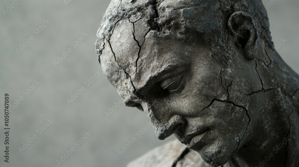 Obraz premium A cracked and weathered statue of a social reformer, symbolizing the challenge of preserving historical justice, minimalist style