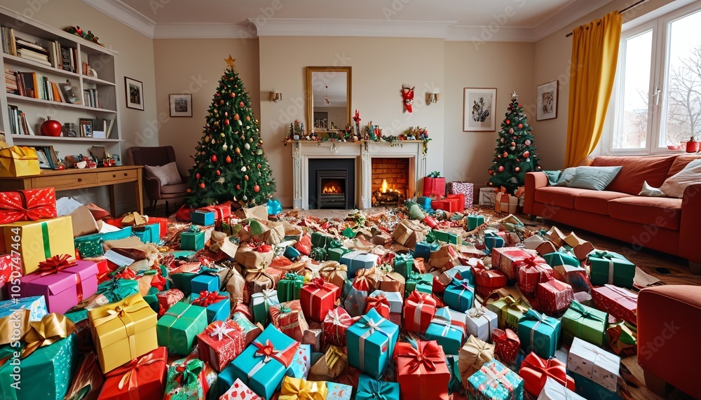 Obraz premium A cheerful living room in disarray, showcasing the remnants of Christmas packaging waste like bright paper and bows, portraying the festive chaos, Generative AI