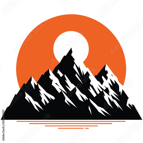 Geometric mountain silhouette with orange sun, abstract illustration, outdoor branding photo