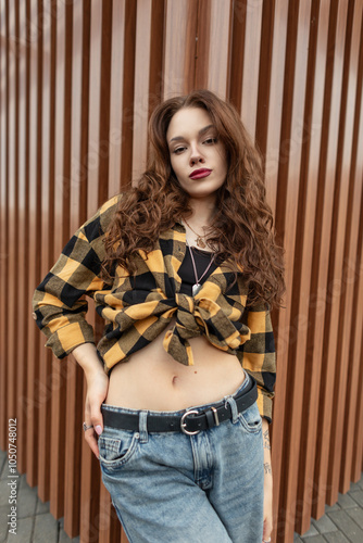 Beautiful fashion autumn urban woman in stylish vintage checkered shirt with jeans stoat near cafe building in city