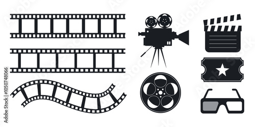 Cinema icon set. Camera, ticket, film strip, 3D glasses, clapperboard, and film reel. Vector illustration