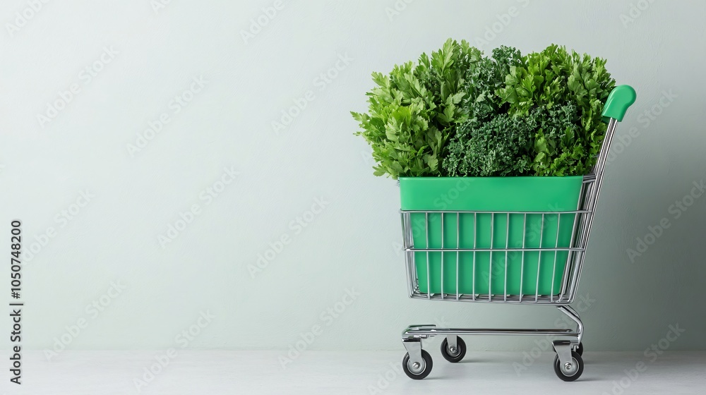 Close-up of a shopping cart filled with green, eco-conscious products, Green Monday sale. Close-up of a shopping cart filled with green, eco-conscious products, Green Monday sale.