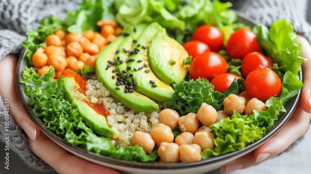 A vibrant salad bowl with avocado, cherry tomatoes, chickpeas, quinoa, and leafy greens, offering a healthy meal option. A vibrant salad bowl with avocado, cherry tomatoes, chickpeas, quinoa, and leafy greens, offering a healthy meal option.