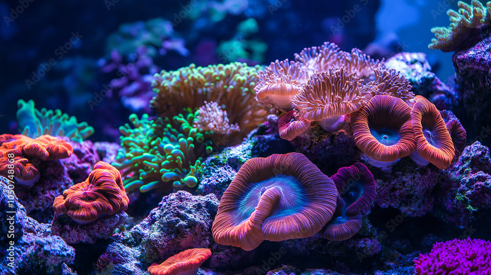 Obraz premium An Ocean Full of Coral Flowers and Exotic Marine Life with wallpaper background