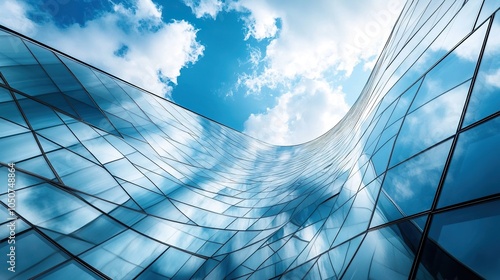 Modern glass skyscraper with blue sky and clouds.