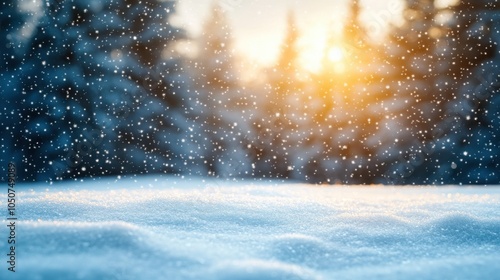 Winter background. Landscape with snow, forest and sunset