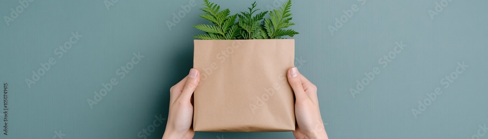 Hands holding a shopping bag filled with green, eco-friendly gifts, Green Monday vibe. Hands holding a shopping bag filled with green, eco-friendly gifts, Green Monday vibe.