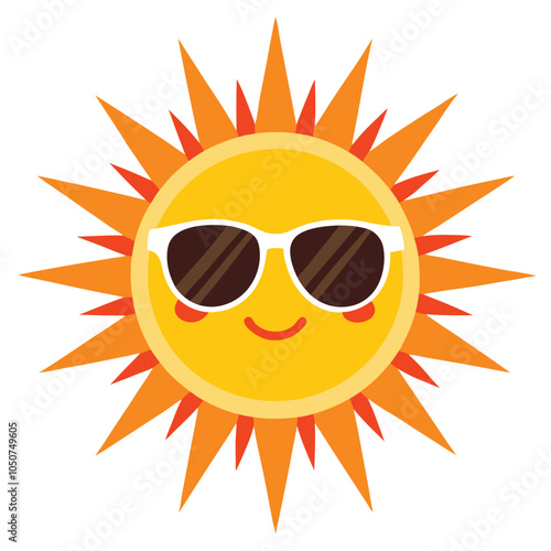 Sun in Sunglasses Emitting Radiant Circular Rays on White Background